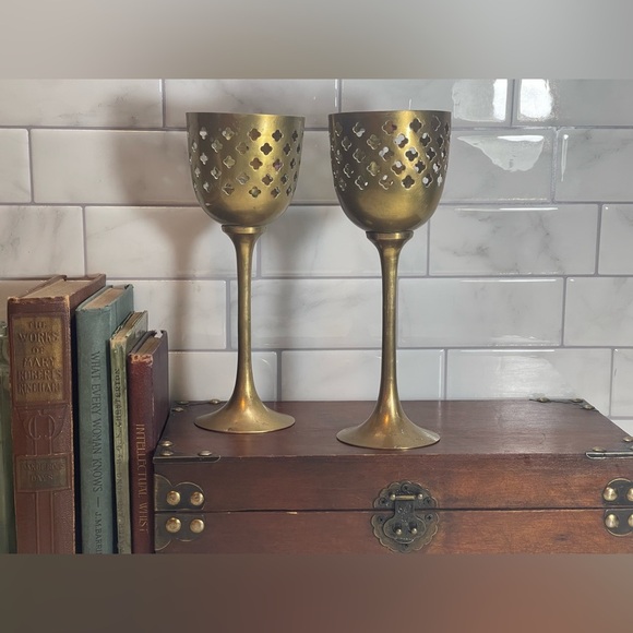 Vintage Large Brass Chalet Goblet Candlestick Holders - Lot of 2. Made in India - Picture 1 of 13